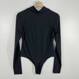 PUMIEY Black Bodysuit Women's L Long Sleeve Mock Neck Stretchy Snap‎ Closure